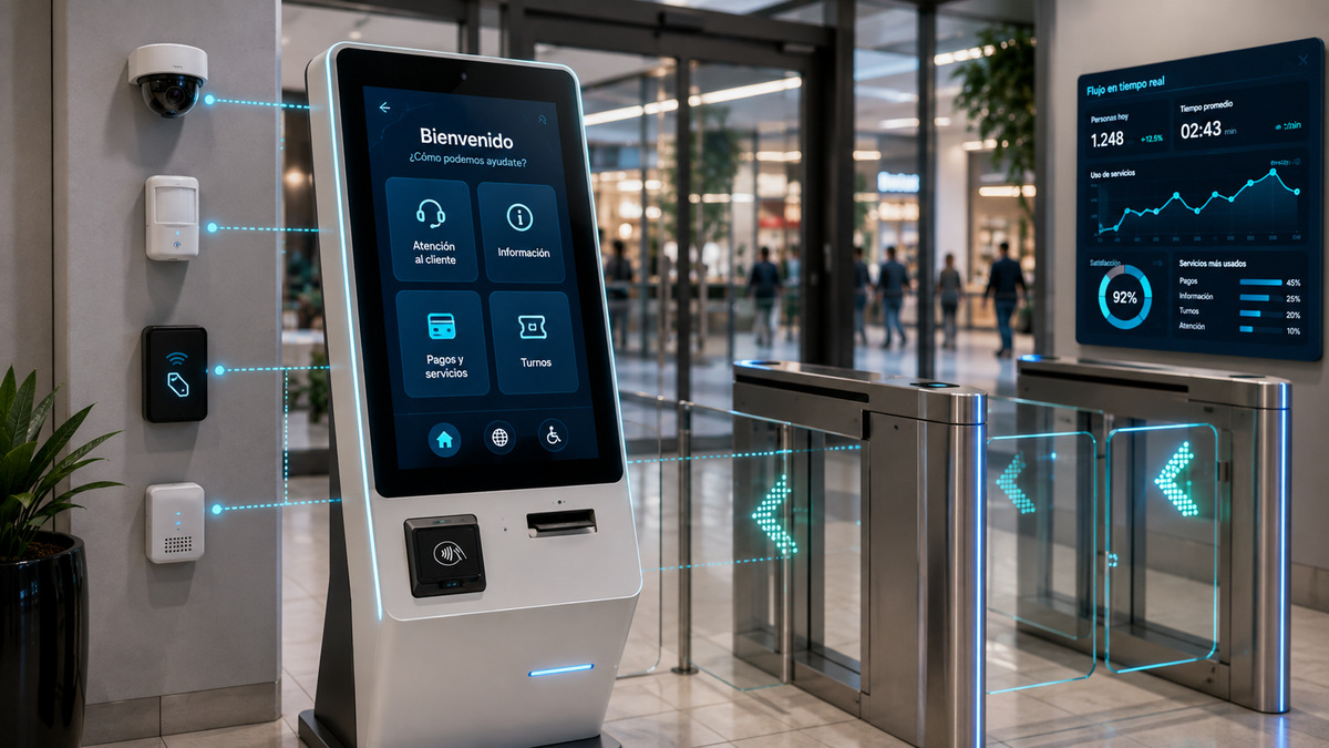 Kiosco táctil de autoservicio en punto de atención al cliente
