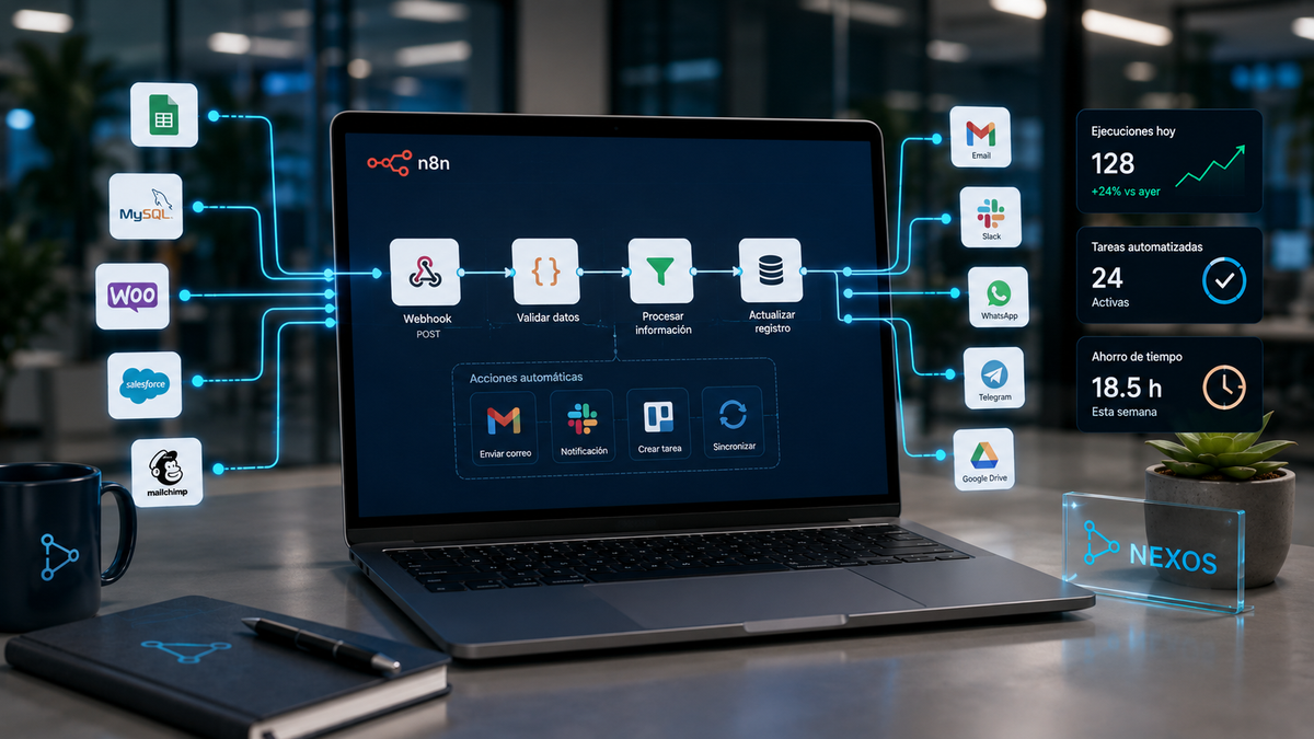 Flujo de automatización en n8n conectando correo, WhatsApp y bases de datos