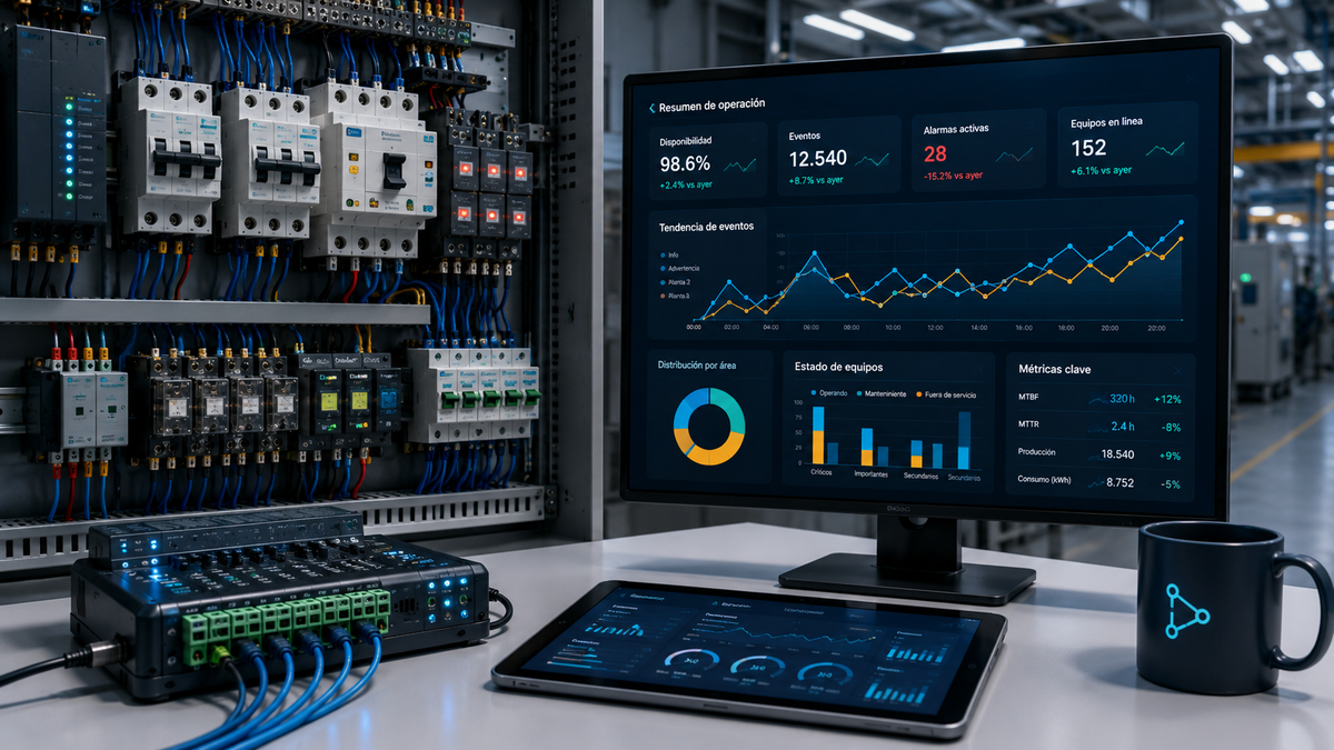 Tablero de control industrial con dashboard de métricas y disponibilidad